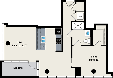 A floor plan of a room with a living area, a sleeping area, and a bathroom.